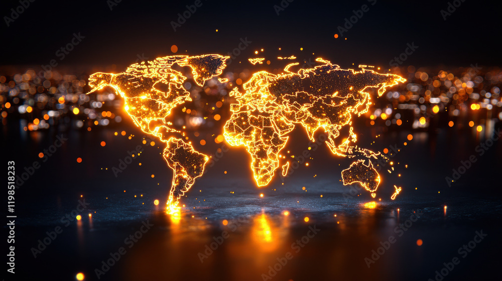 Poster glowing world map visualization representing economic stability and connectivity, showcasing vibrant