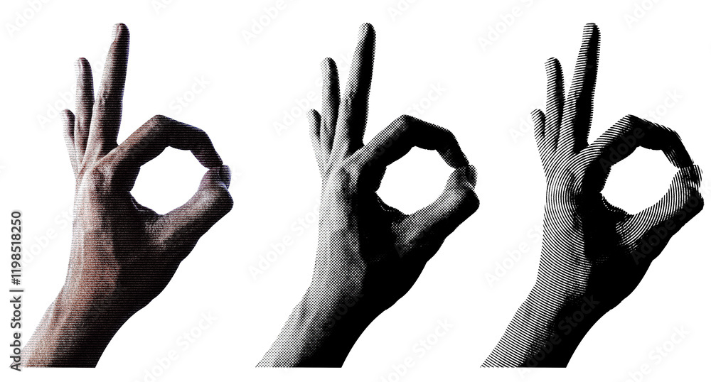 Poster 3 style halftone hands collection. halftone hands show the counting from one to five. stylish halfto