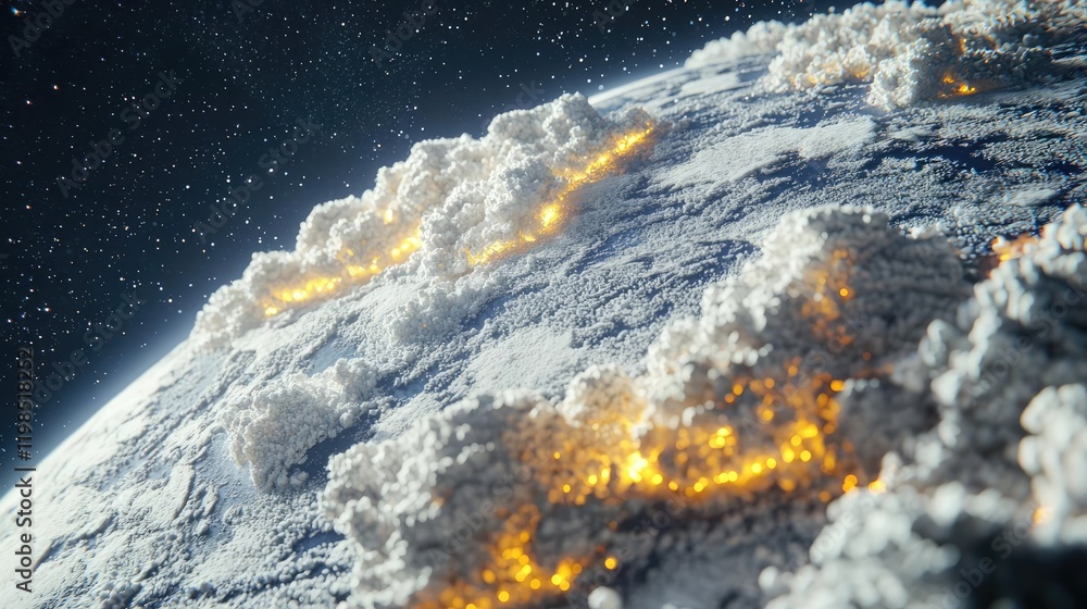 Poster dust pollution idea. a stunning view of earth showcasing cloud formations and glowing lights from ab