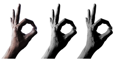 3 style Halftone hands collection. Halftone hands show the counting from one to five. Stylish halftone collage design elements. Hand gestures in pop art style. Transparent background