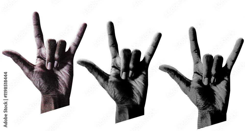 Poster 3 style halftone hands collection. halftone hands show the counting from one to five. stylish halfto