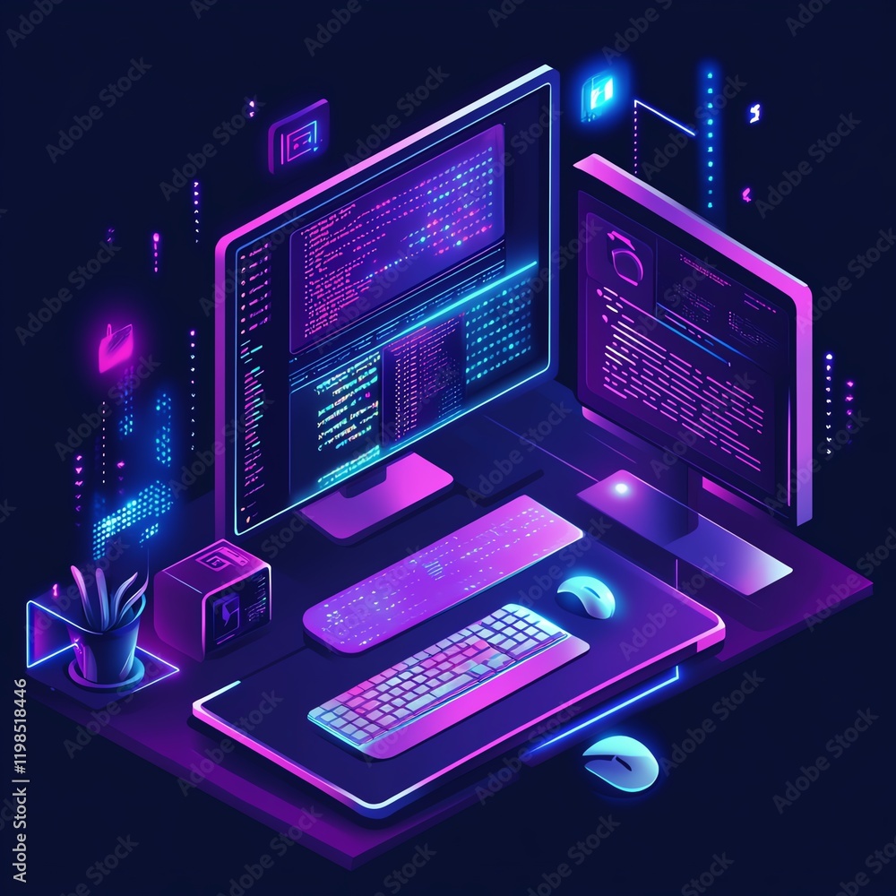 Poster futuristic workspace with glowing computer screens and neon accents in a dark environment
