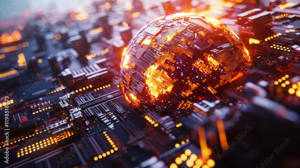 Poster creative visualization of global financial dynamics represented by glowing orb on circuit board, sym