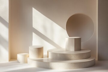 Obraz premium Minimalist Beige Product Display Scene with Geometric Pedestals and Sunlight.