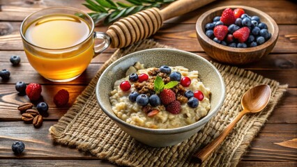 Aromatic Oatmeal Breakfast Bowl Topped with Berries and Granola, Served with Herbal Tea