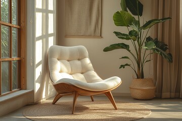  Light beige fabric single-seat chair with wooden legs and armrests, retro American elements, natural wood tones, in sunlit living room with green plant.