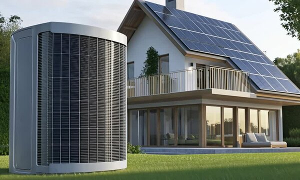 Modern home with solar panels and heat pump in green setting