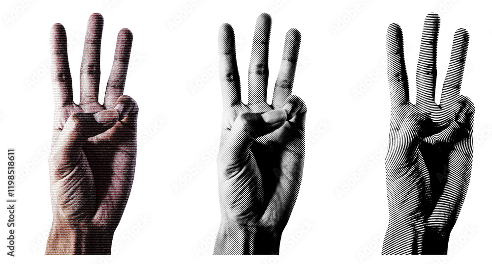 Poster 3 style halftone hands collection. halftone hands show the counting from one to five. stylish halfto
