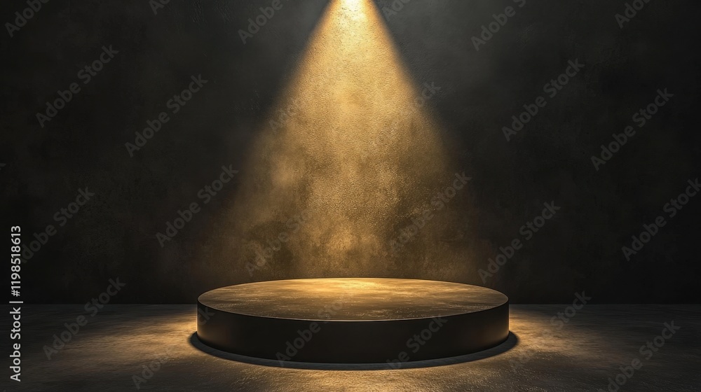 Poster moody spotlight on empty round stage platform with dark textured background