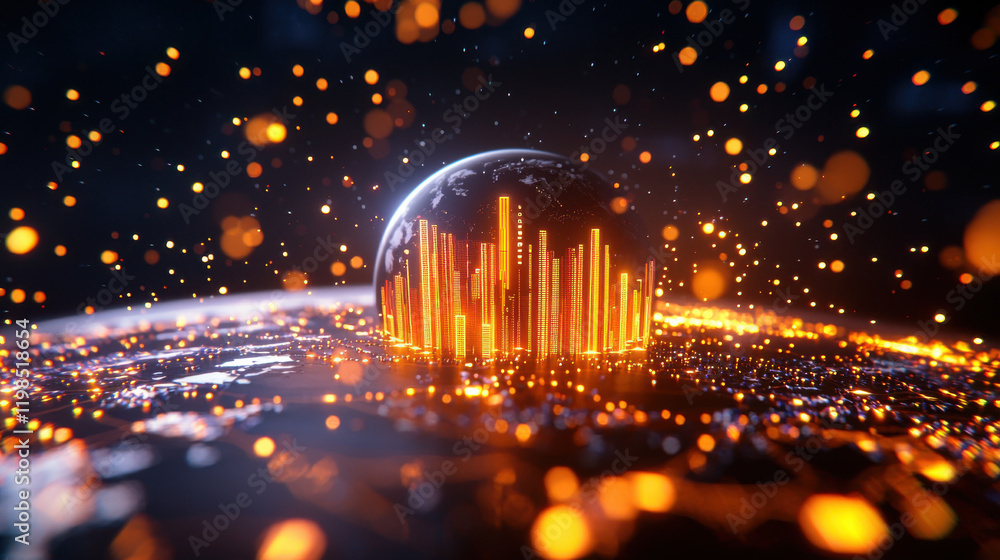 Poster vibrant visualization of global trade analytics, showcasing glowing cityscape on planet surrounded b