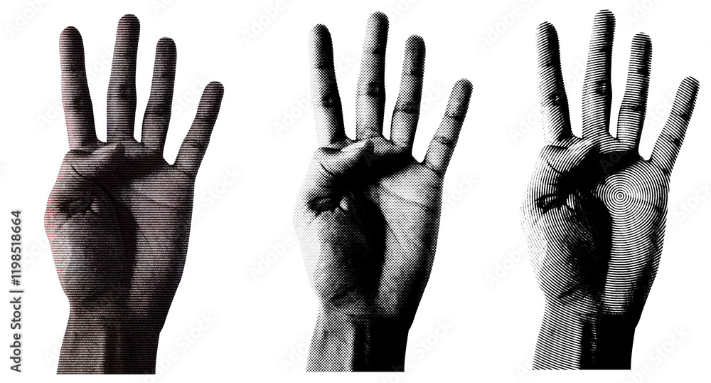 Poster 3 style halftone hands collection. halftone hands show the counting from one to five. stylish halfto