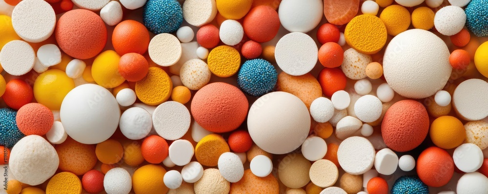 Poster dust pollution idea. colorful assortment of round textured elements in various sizes and hues on a f