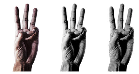 3 style Halftone hands collection. Halftone hands show the counting from one to five. Stylish halftone collage design elements. Hand gestures in pop art style. Transparent background