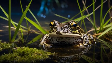 Serene Moonlit Scene: Giant Burrowing Frog in a Pond with a Shimmering Reflection