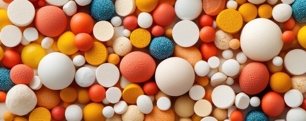 Dust pollution idea. Colorful assortment of round textured elements in various sizes and hues on a flat surface.