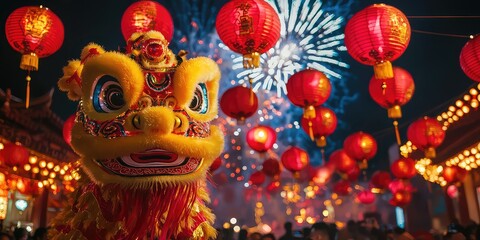 Naklejka premium A vibrant festival setting with lion dances, red lanterns, and fireworks.