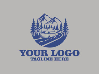 Obraz premium This vector illustration shows a vintage camper van driving down a winding road in the middle of a pine forest. The afternoon sun shone through the mist covering the mountains