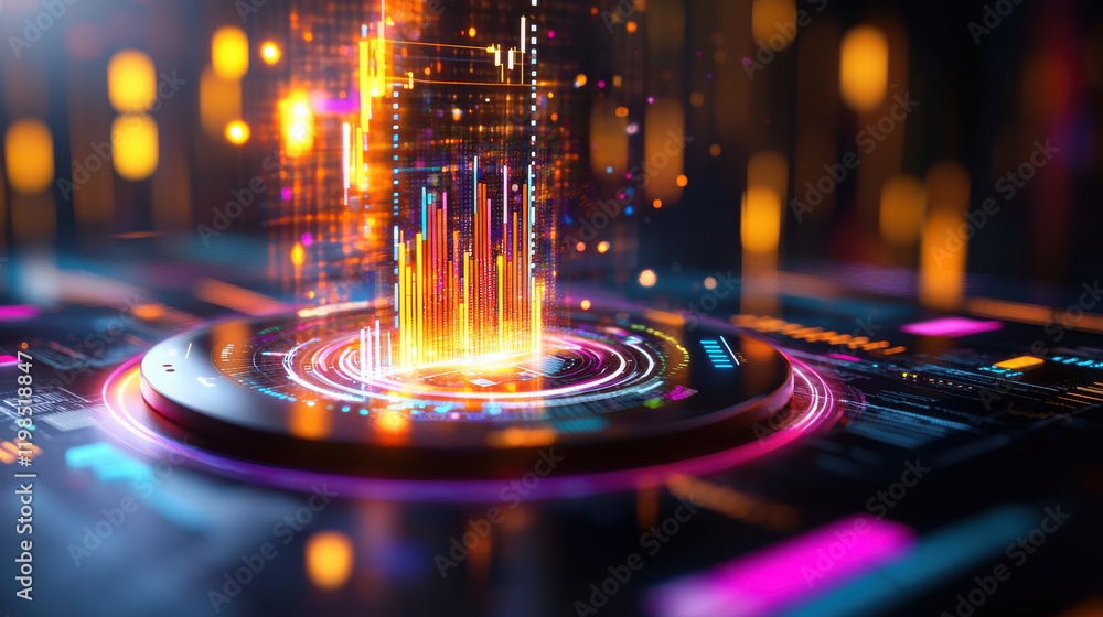 Poster futuristic dashboard displaying vibrant data visualizations with glowing bars and intricate patterns. design emphasizes technology and innovation in data analysis