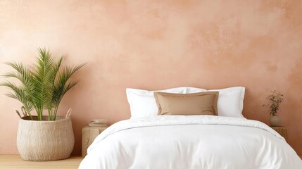Bedroom interior, peach wall, bed, plant.  Relaxing space design, home decor