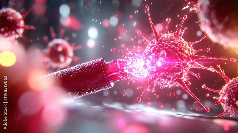 Poster futuristic biotech scene showcasing nanobots interacting with cells, highlighting advanced technolog