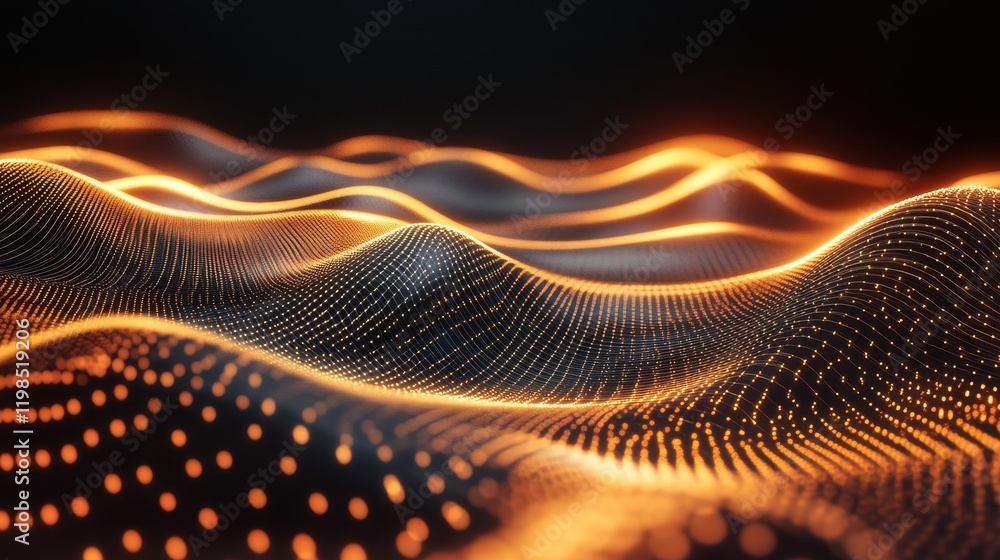 Poster abstract 3d rendering of a flowing network with luminous golden particles on a dark background.
