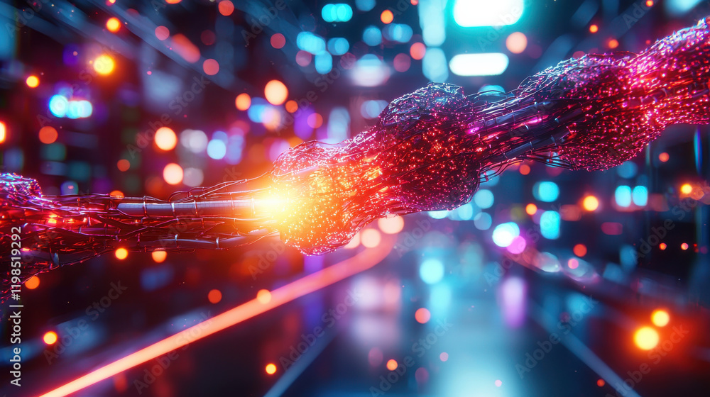 Leinwandbilder futuristic biotech scene featuring nanobots interacting with vibrant lights and intricate structures