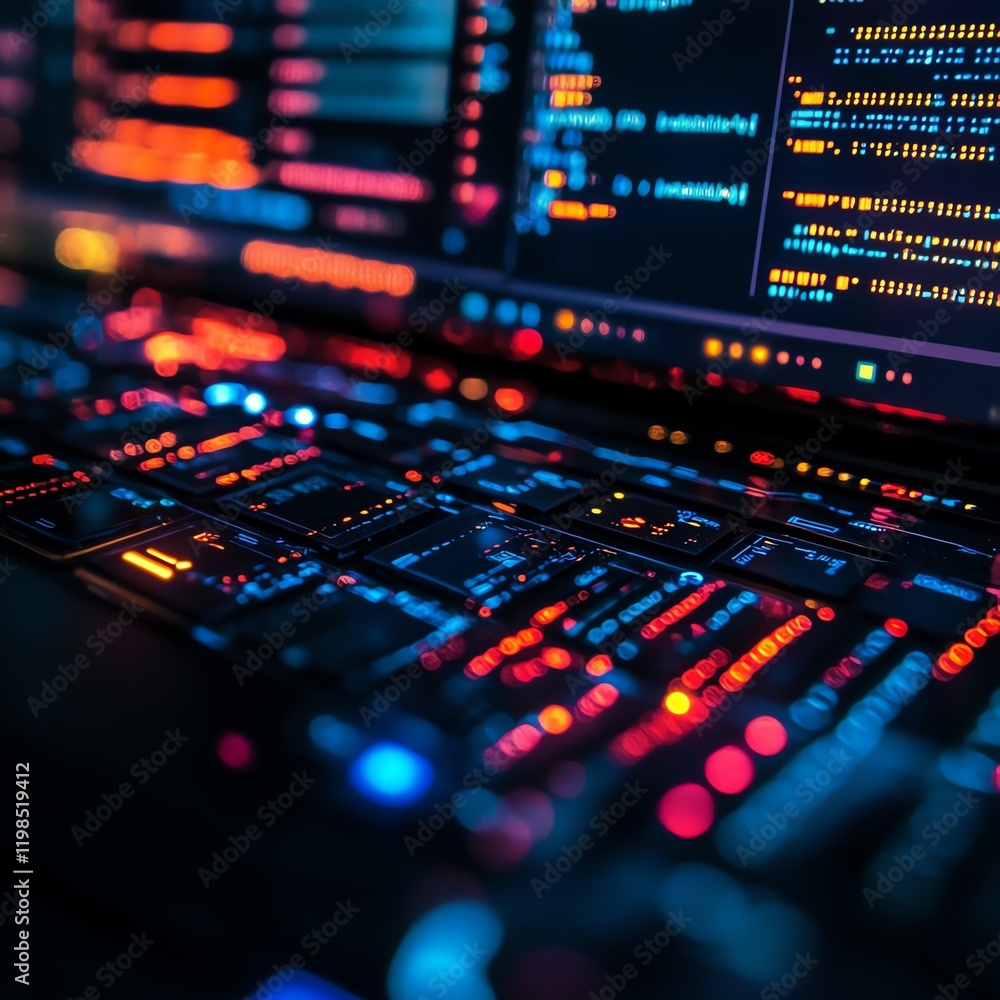 Poster brightly lit laptop keyboard with colorful code displayed on the screen during a late-night programm
