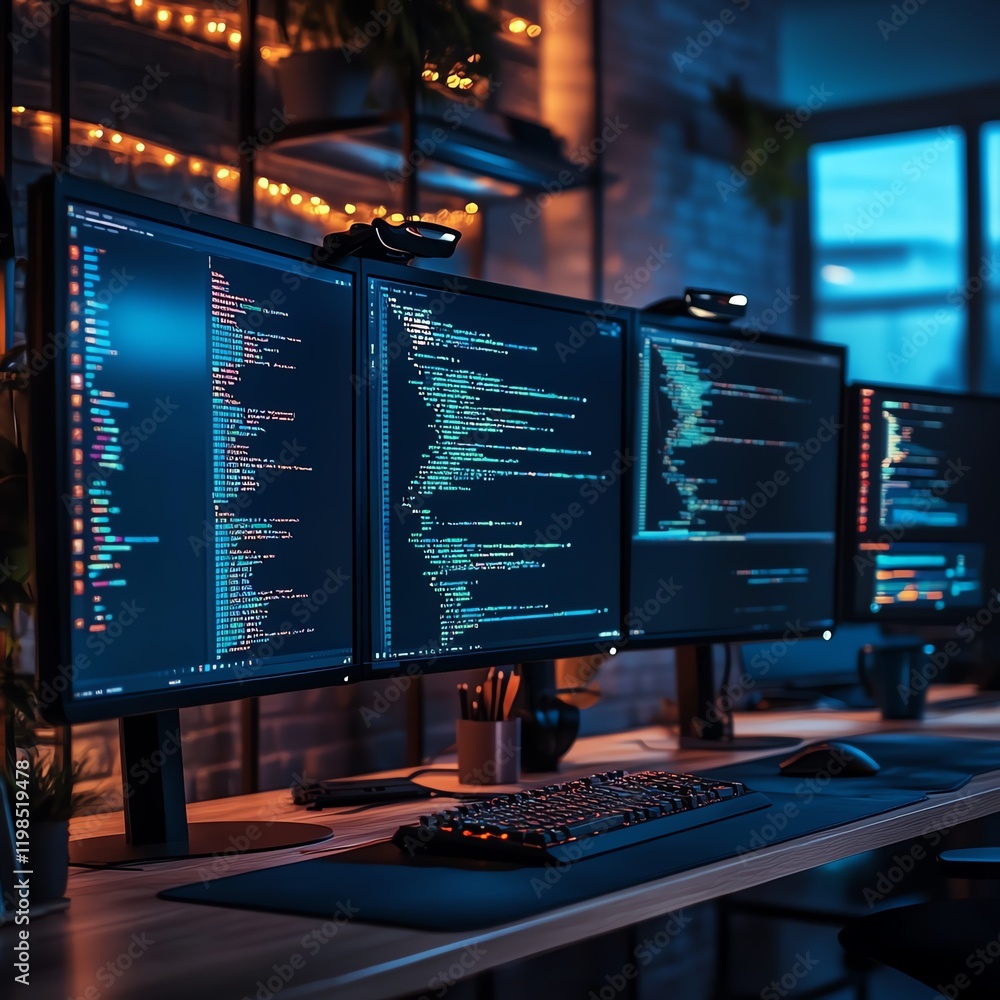 Poster multiple computer monitors displaying code in a dimly lit workspace during nighttime