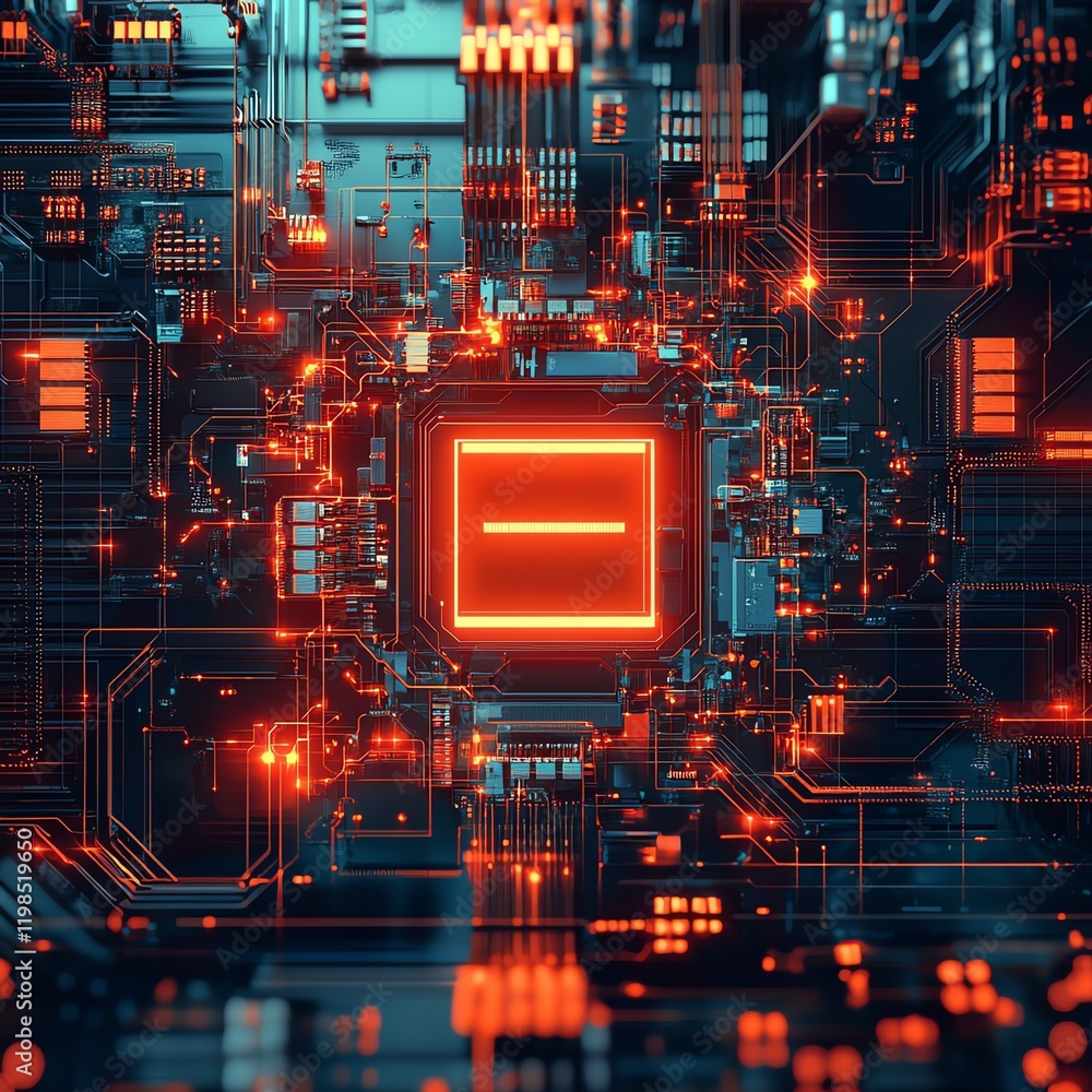 Poster futuristic microchip glowing in a network of intricate circuits with vibrant orange light