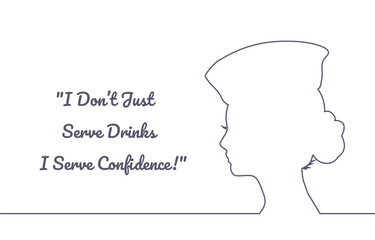 Portrait of flight attendant. Face side view icon. Elegant silhouettes of a female head. Avatar profile sign. Thin line style. Motivational quote or phrase about serving confidence