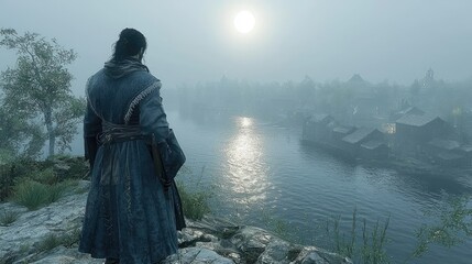 Fototapeta premium Lone Figure Contemplates Misty River Village Scene