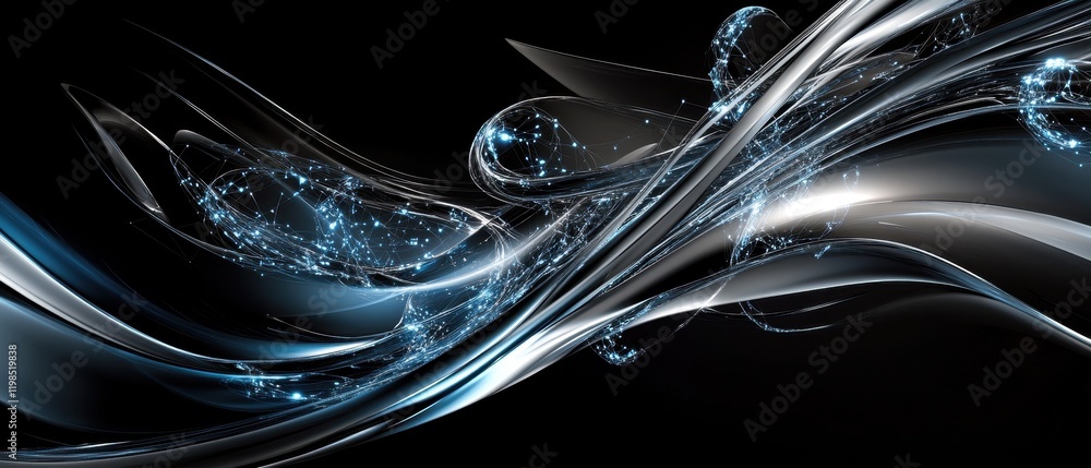 Poster abstract network of glowing connections with smooth metallic curves on black background.