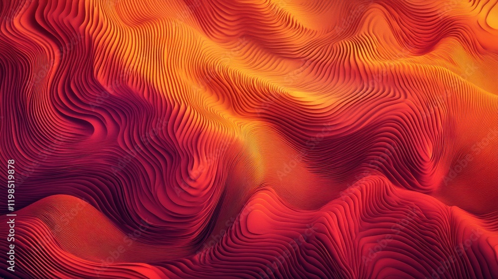 Poster abstract 3d rendered wavy lines with gradient red and orange surface texture.