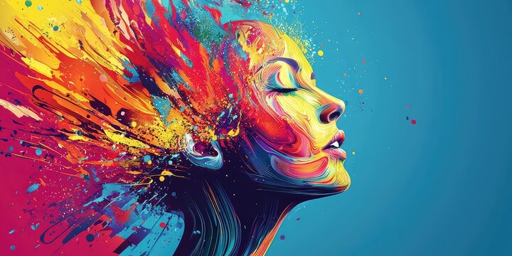 Abstract illustration of a head exploding with colorful creative elements like light and patterns.