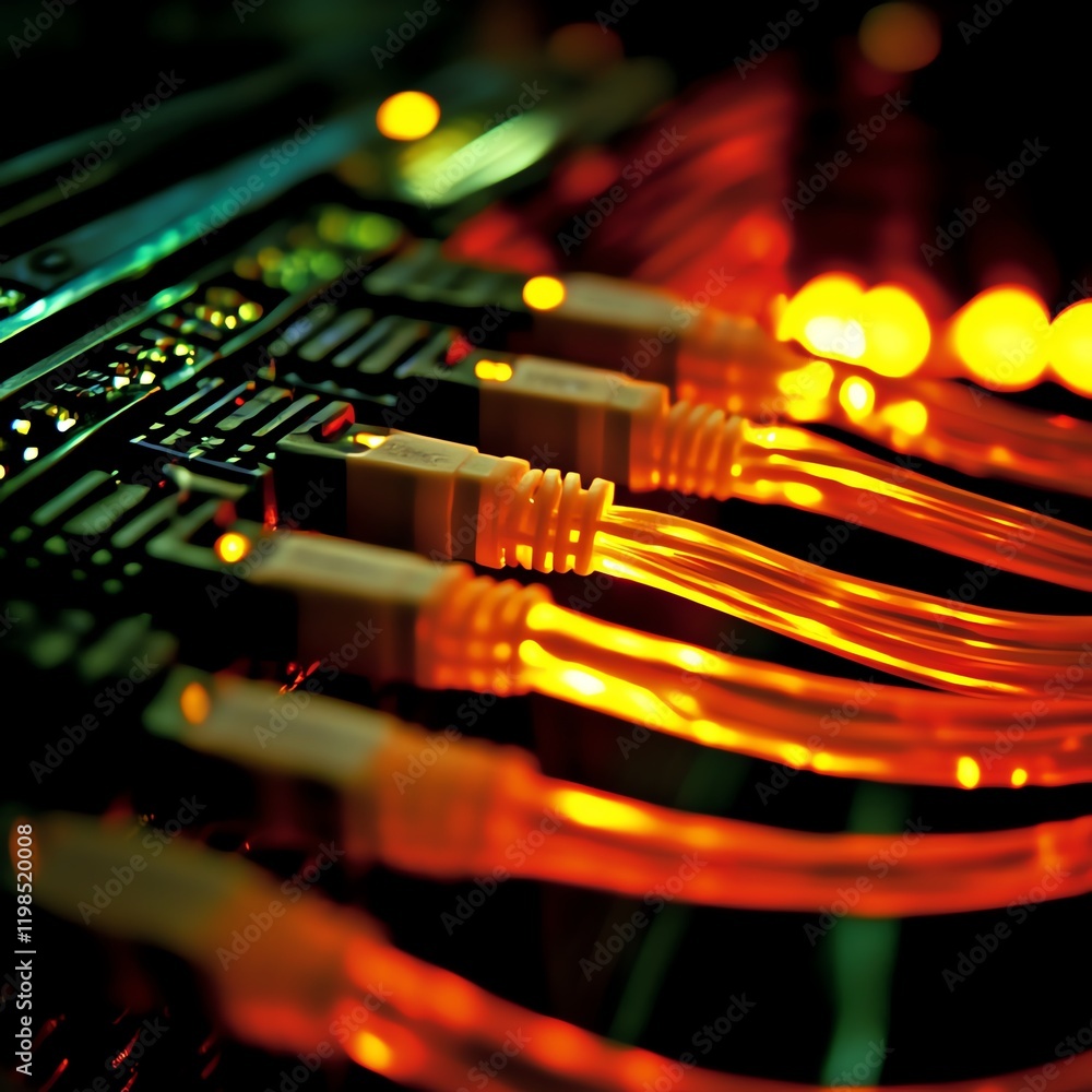 Aufkleber network cables connecting devices in a data center during evening hours with glowing lights illumina