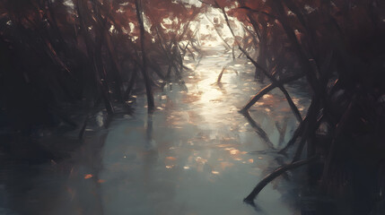 Fototapeta premium 17. A dense mangrove forest teeming with prehistoric amphibians and insects, with twisted roots forming natural pathways and sunlight glinting off pools of still water 