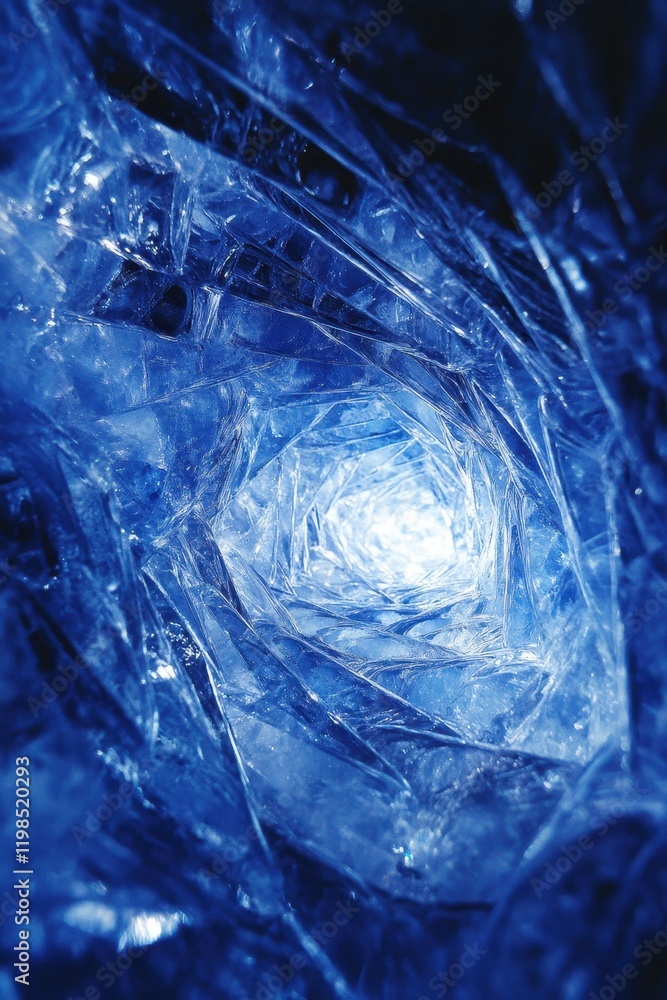Poster abstract blue tunnel of textured ice crystal structure with light at end.