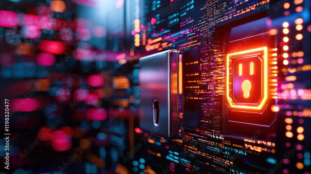 Poster high resolution image of futuristic digital vault with glowing elements, showcasing advanced technol