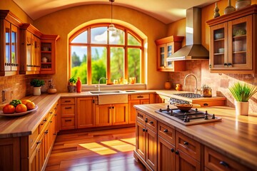 Bright Orange Kitchen with Wooden Cabinets & Arched Windows - Tilt-Shift Photography