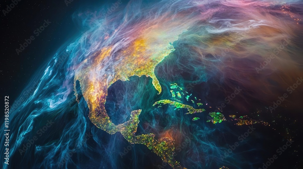 Poster dust pollution idea. a vibrant depiction of earth with colorful nebula-like textures swirling above.