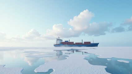 A majestic blue cargo ship sails across a serene, icy lake, with a vibrant stack of red containers atop, framed by an expansive azure sky