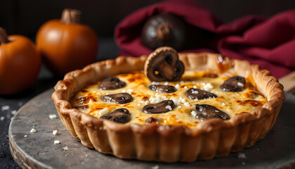 A close-up shot of delicious mushroom quiche