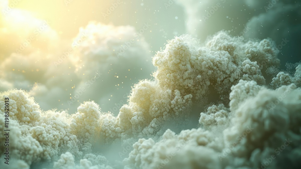Poster Dust pollution idea. A beautiful view of fluffy clouds illuminated by soft sunlight, creating a serene atmosphere.