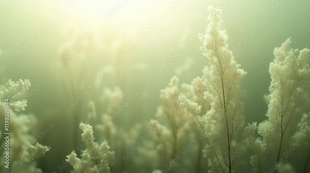 Poster dust pollution idea. delicate underwater vegetation bathed in soft light, creating a serene and ethe