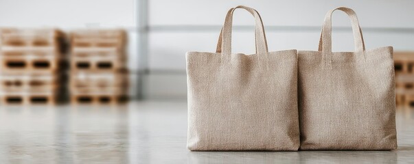 Two reusable burlap bags sit on a polished floor with wooden pallets in the background, emphasizing eco-friendly and sustainable shopping options.