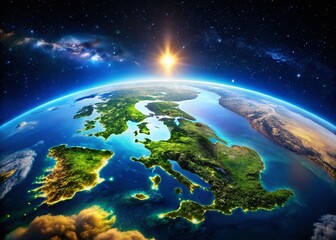 Fototapeta premium British Isles Aerial View: Detailed Planet Earth Topography & Country Borders