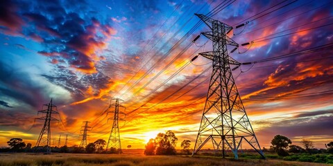 Brisbane Sunset Power Lines: High Voltage Electricity Tower Silhouette Against Vibrant Sky