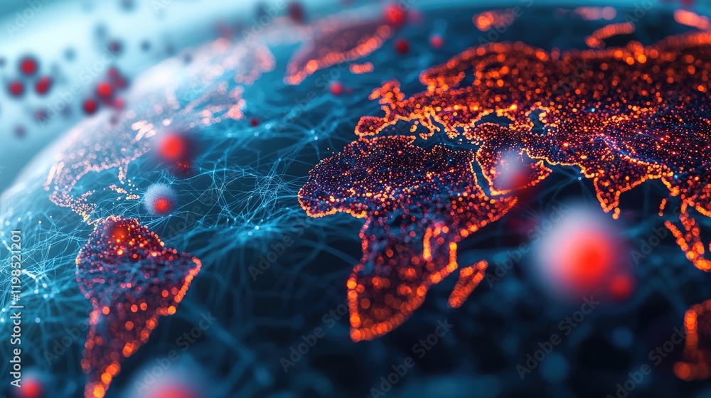 Aufkleber Dust pollution idea. A digital depiction of Earth's network illuminated by vibrant data streams and nodes.