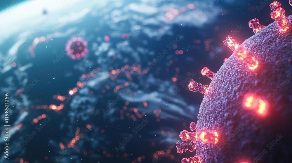 Poster dust pollution idea. microscopic view of viruses against a backdrop of earth, illustrating infectiou