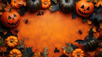 Festive Halloween Scene with Carved Pumpkins, Autumn Leaves, and Spooky Decorations on Orange Background